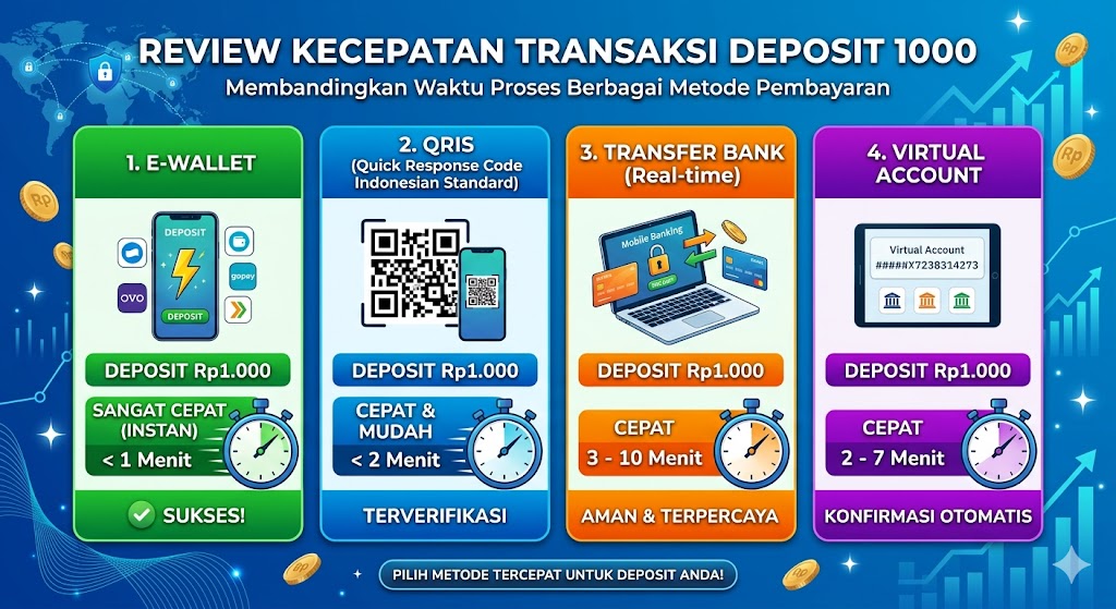 Infografis komparatif modern yang membandingkan waktu proses deposit Rp1000 menggunakan empat metode pembayaran di Indonesia: E-Wallet, QRIS, Transfer Bank (Real-time), dan Virtual Account. Setiap kolom menampilkan estimasi waktu proses, status kecepatan, dan status verifikasi dengan ikon pendukung.