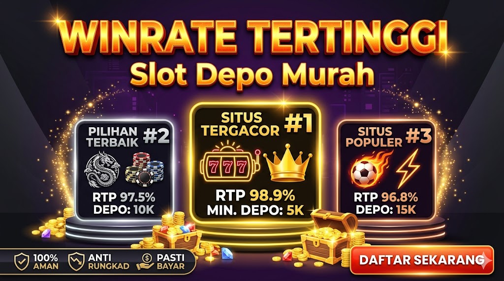 Banner promosi daftar situs slot depo murah dengan winrate tertinggi, menampilkan 3 rekomendasi situs tergacor dengan RTP hingga 98.9% dan minimal deposit mulai dari 5K.